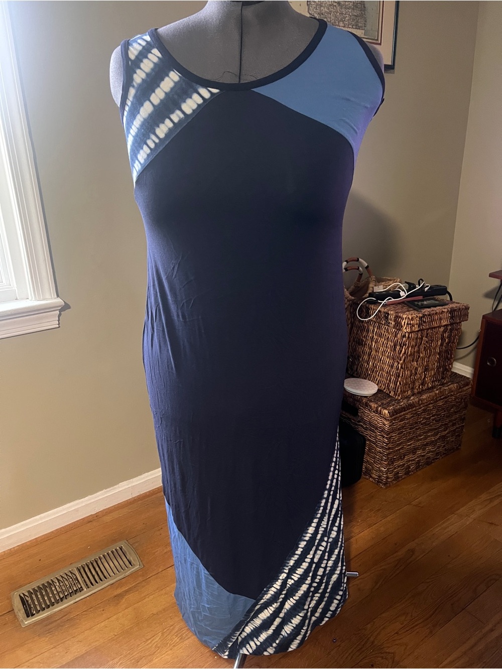 Sleeveless Navy and Light Blue Maxi Dress with Tie-Dye Panels